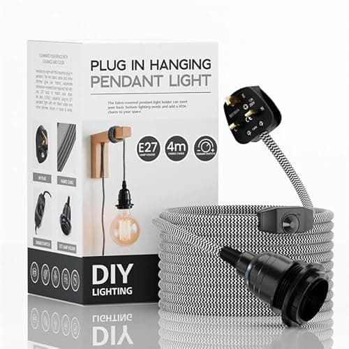 Image of LEDSone Industrial Hanging Pendant Light with Plug-in, E27 Suspended Lamp Holder, 4m Fabric Flexible Cable with Dimmer Switch for Ceiling Hanging Lights (Black & White)