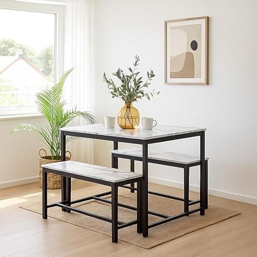 Image of URBNLIVING 3-Piece Dining Table Set – Wooden Table with Sturdy Metal Frame & 2 Benches – Space-Saving Furniture for Kitchen, Dining Room, or Living Area - White Marble