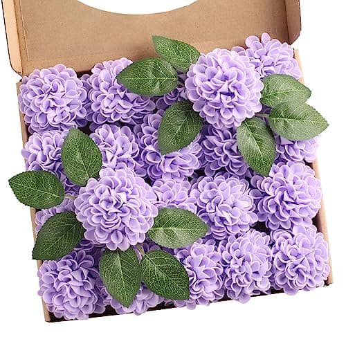 Image of N&T NIETING Artificial Flowers 20pcs Fake Dahlia Flowers with Leaves and Stems, Foam Dahlia DIY Flower for Wedding Bouquets Floral Centerpieces Arrangements Shower Party Home Decor, Purple