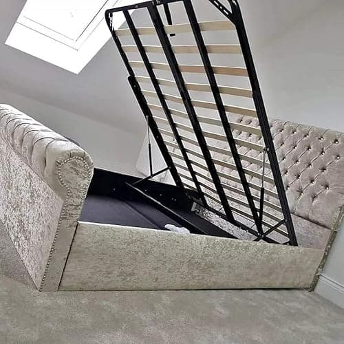 Image of Bed Croft Chesterfield Ottoman Gas Lift Sleigh Bed - Upholstered Crushed Velvet Fabric - Uk Made - Single/Double/King/Super King (Silver Crush, Double 4ft6)