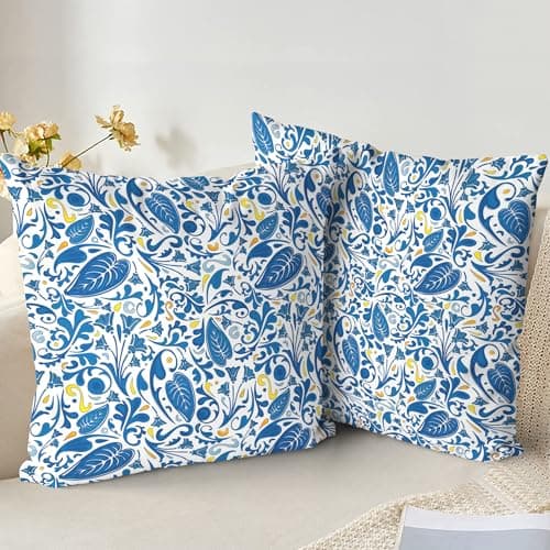 Image of XPHZZL Cushion Covers Set of 2 Pack 55 x 55 cm Soft Vintage Floral Decorative Throw Pillow Cases Boho Pillow Cover for Sofa Bed Garden Outdoor Spring Decor Flower Plant with Invisible Zipper - Blue