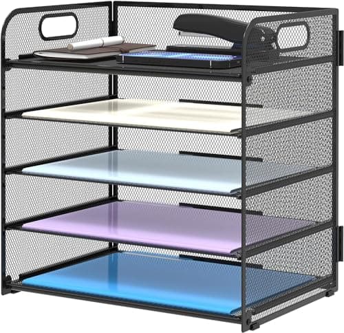Image of SUPTIDY 5 Trays Paper Organiser Letter Tray with Handle-Mesh Desk File Organiser, A4 Paper Sorter Desk Organiser for Office, Home or School, Black