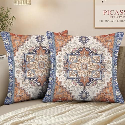 Image of XPHZZL Pack of 2 Bohemian Style Linen Decorative Cushion Covers 40x40 cm Square Throw Pillow Covers 16x16 Inch Boho Style Pillowcases for Outdoor Home Decor Sofa Bedroom Car - Blue Edge Orange