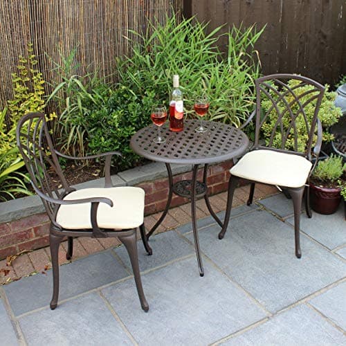 Image of CHARLES BENTLEY Cast Aluminium Bistro Round Table And 2 Chairs Set, Outdoor Table, with Beige Seat Cushions, Garden, Patio, With Central Hole For Parasol, Weatherproof, Armchairs (52x51.5x89cm)