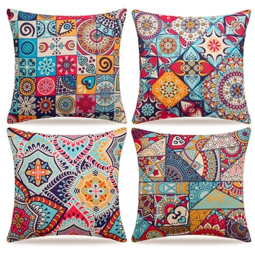Image of Decorative Sofa Cushion Covers 40x 40 cm Modern Boho Mandala Floral Outdoor Pillowcases Linen Square Throw Pillow Covers Summer for Sofa Bed Home Decor 16x16 inch 4 Pack