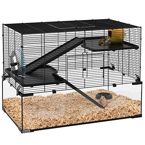 Image of PawHut 3 Tiers Hamster Cage, Gerbil Cage with Deep Glass Bottom, Non-Slip Ramps, Platforms, Hut, Exercise Wheels, Water Bottle, Dish, for Syrian Hamster, Dwarf Hamster, 76.5 x 48.5 x 54.5cm