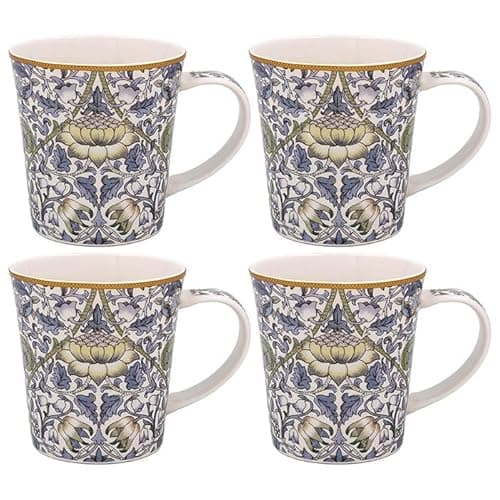 Image of THE Leonardo Collection Lodden Mugs Set of 4 William Morris, Tea and Coffee Mugs for Hot Drinks | Fine China Printed Mugs for Kitchen & Home | Reusable Ceramic Cups for Every Occasion