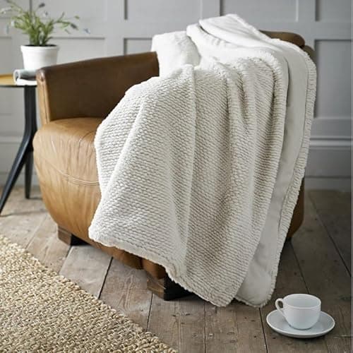 Image of Deyongs Stunning Large Supersoft Knit Style Sandringham Faux Fur Throw Blanket in Biscuit 150cm x 220cm