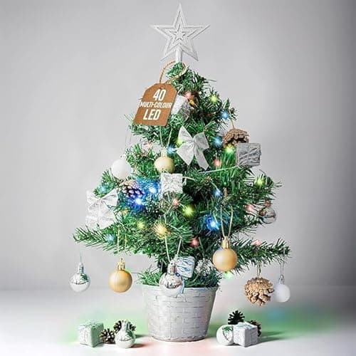 Image of GloBrite Pre-Lit Mini Christmas Tree - 45cm Small Tabletop Tree w/ 40 LED Lights - Battery Powered, Fully Decorated - Perfect for Desk, Bedroom, Table