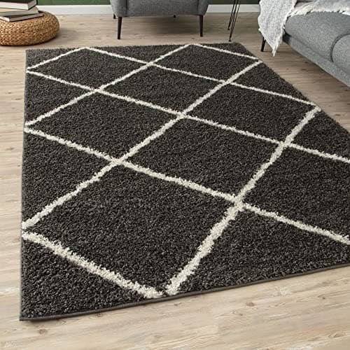 Image of THE RUGS Shaggy Rug – Modern Moroccan Design Rugs for Living Room, Bedroom, Hallway, 3 cm Thick Area Rugs, (Diamond Dark Grey/Ivory, 80x150cm)