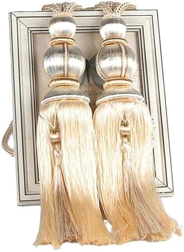 Image of ZHMF 1 Pair Curtain Tiebacks Holdbacks Clip Binding Rope Tie Backs Handmade Tassel Tiebacks Home Window Decorative (Beige)