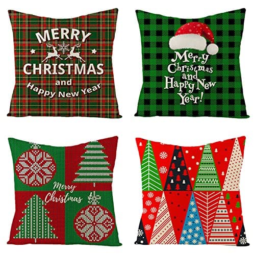 Image of Cushion Covers 18x18 inch Outdoor Cushions Set of 4 COLORFUL CHRISTMAS TREE Printed Pillow Covers Square Double Sided Velvet Cushions for Patio Couch Balcony Farmhouse Garden Decorative a1034