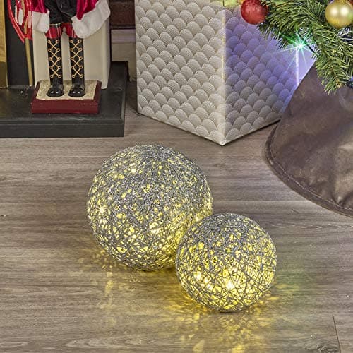 Image of URBNLIVING Set of 2 Light Up LED Christmas Spheres, Warm White Light Xmas Balls Mood Lights Christmas Window Display Decoration, Battery Powered 3 x AA (Silver with Glitter)