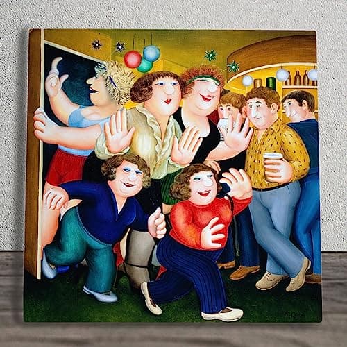 Image of Global Designs Girls on the Town Ceramic Tile Plaque Sign Wall Art Picture By Beryl Cook UV Printed Artwork 20x20cm