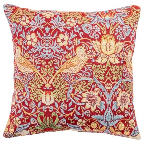 Image of Linen Loft William Morris Strawberry Thief Tapestry Cushion Cover in Red. Vintage Arts and Crafts Style with Birds, Berries and Leaves. 17x17 Square Cover Only