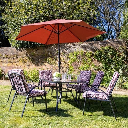 Image of Hectare 6 Seater Metal Garden Furniture Outdoor Dining Set with Table and Parasol in Aztec Wine Pattern