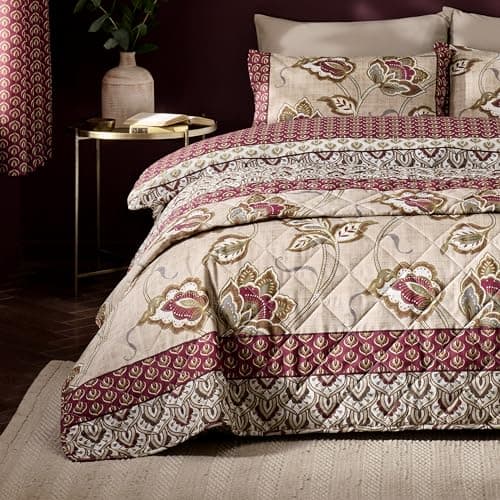 Image of Catherine Lansfield Kashmir Paisley Floral Reversible Quilted 200x200cm Bedspread Natural
