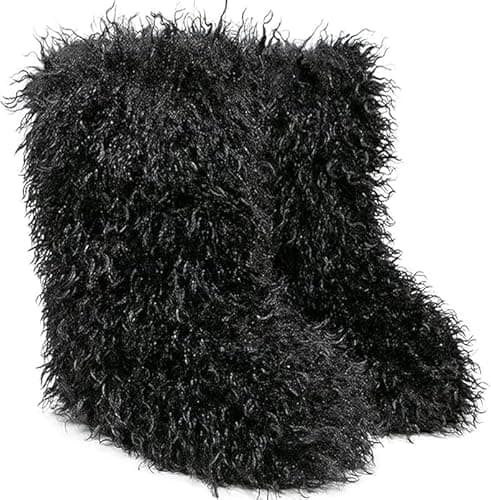 Image of VALPEAKER Women's Furry Faux Fur Boots,Fuzzy Fluffy Winter Warm Snow Boots for Girls,Mid-Calf Flat（Black6）
