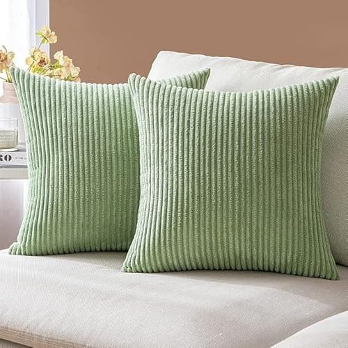 Image of AMFUN Set of 2 Corduroy Cushion Covers 40cm x 40cm,Soft Striped Square Pillow Case,Cushion Case with Invisible Zipper,Home Boho Decor Pillow Cases for Couch Sofa Bedroom,Living Room-Sage Green