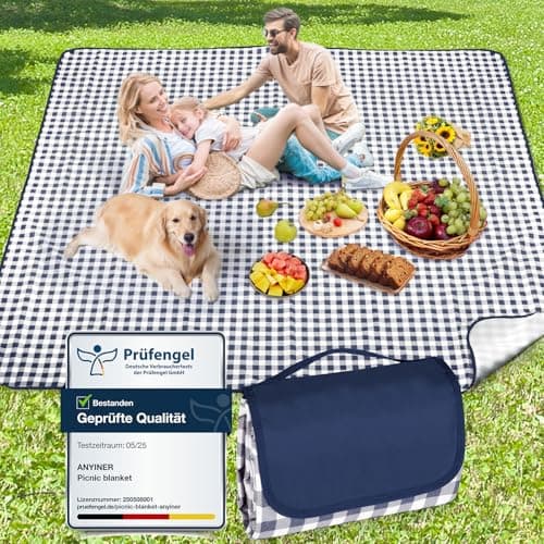Image of Anyiner Picnic Blanket Waterproof, 200x200cm Large Beach Blanket Camping Blanket, Sandproof Machine Washable With Carrying Handle for Outdoor Camping Beach Family Picnic, Blue Plaid