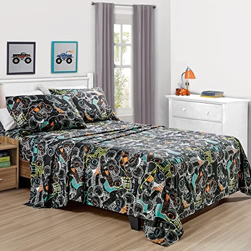 Image of Chezmoi Collection 4-Piece Kids/Teens Monster Trucks Sheet Set - Soft Microfiber Multi-Color Printed Monster Truck Racing Fun Kids Sheets, Full Size