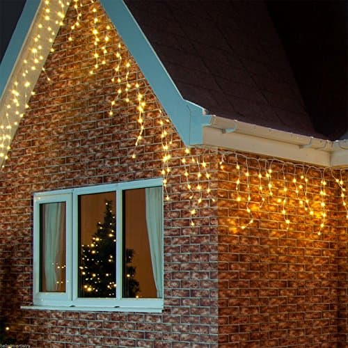 Image of Outdoor Warm White Icicle Christmas Fairy Lights, 400 LED 10 Metres Lit Width, 80 Icicles, 8 Hour Timer, 8 Modes, Safe Voltage