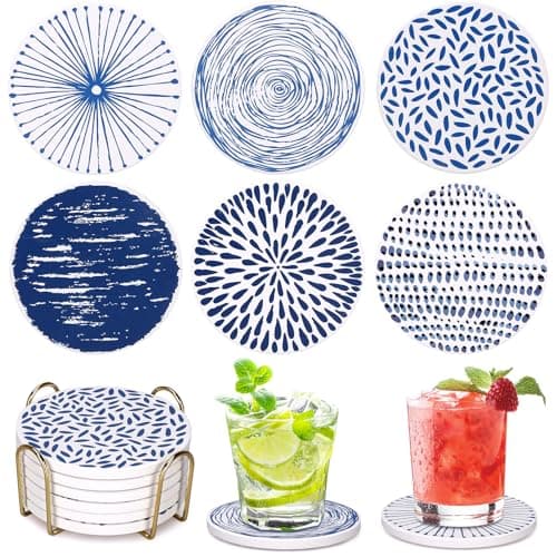 Image of Dksyee Absorbent Coasters Set of 6 Round Ceramic Coasters for Drinks Modern Blue Boho Coaster with Holder for Coffee Table Decor, Outdoor, Desk