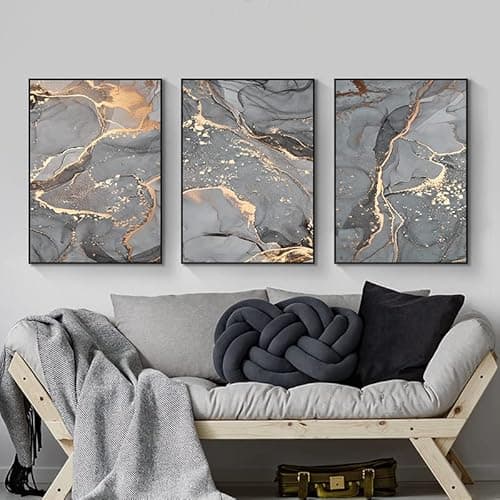 Image of LYBOHO Wall Pictures Living Room Grey Golden Fluid Art Marble Texture Abstract Wall Art Canvas Pictures - Without Frame (Marbled 3, 3PCS-30x40cm)