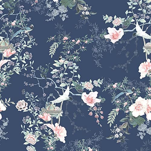 Image of Muriva Lipsy Ophelia Wallpaper - Modern Wallpaper for Living Room, Bedroom, Fireplace - Decorative Luxury Nature Wall Paper with Birds & Cherry Blossom Trails (Soft Pink & Navy Blue), Blue,navy