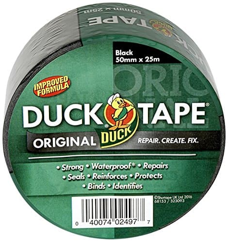 Image of Duck Tape Original Black Duct Tape, 50mm x 25m Heavy Duty, Waterproof Gaffer, Gaffa Sticky Tape, Strong Adhesive Cloth Repair Tape, Suitable for Packing boxes, Moving House, Parcels or Packaging