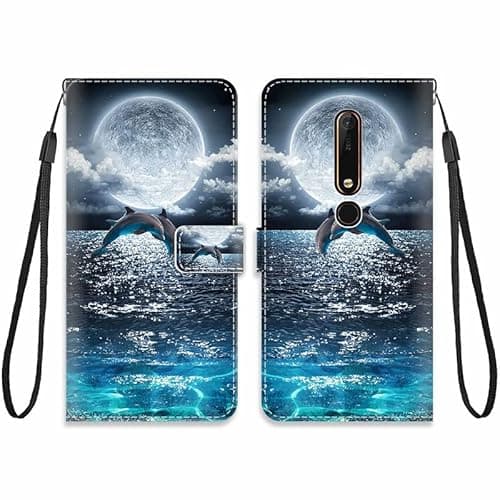 Image of KARTXITAI Case Compatible with Nokia 6.1/Nokia 6 VERSION 2018,Pattern PU Leather Flip Phone Case Wallet Cover with Card Slot Holder Magnetic TPU Protective Cover-Dolphins, sea, moon, sky
