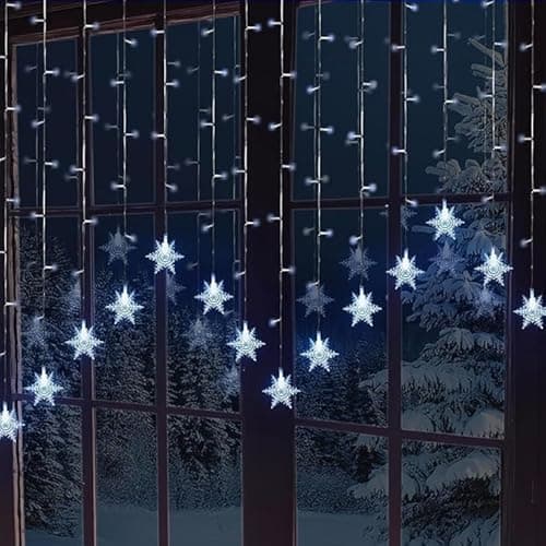 Image of GloBrite 104 LED Curtain Light - Christmas Lights, Fairy Lights, 8 Modes - Xmas Decor, Indoor Window, Bedroom, Party, Wedding, Plug-in LED Curtain, Christmas Decorations (Snowflakes - Cool White)
