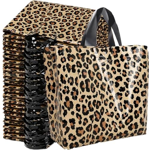 Image of AIYJWXINP 50 Pack Leopard Print Shopping Bags, Reusable Foldable Leo Tote Bags with Handles, Shopper Bags for Women, Gift Bags, Party Bags, Grocery Bags, Birthday Favour Bags (50pcs-35x25cm)