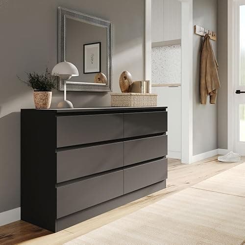 Image of URBNLIVING Modern Black Wooden Chest with 6 Drawers for Bedroom or Office Storage Versatile Bedside Table and Stylish Cabinet for Organizing Clothes Accessories Work Place Supplies Personal Items