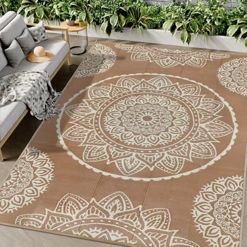Image of Famibay Large Outdoor Rugs for Garden Waterproof Reversible Outdoor Rug 180x270cm Plastic Straw Rugs Patio Carpet UV Resistant Portable Indoor Area Rug for RV Balcony Picnic Brown Beige