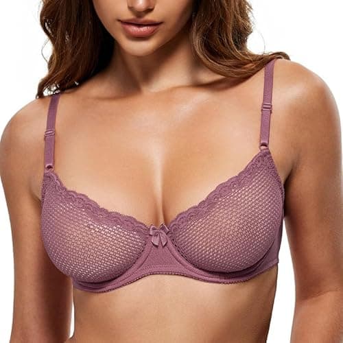 Image of WingsLove Sexy Bra Sheer Wired See Through Soft 1/2 Half Demi Cup Unlined Bralette Lace Mesh (Brownish Purple,38B)