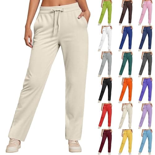 Image of Womens Joggers with Pockets, Straight Leg Tracksuit Bottoms for Running Gym, Fleece Lined Winter Sweatpants Lounge Pants Beige