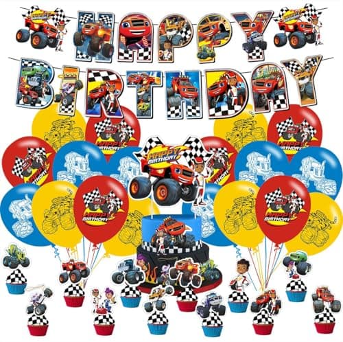 Image of Cartoon for Blaze and The Monster Party Supplies,Birthday Decorations Set Include Banner,Balloons,Hanging Swirls,Cake Cupcake Toppers for Boys Girls Party.