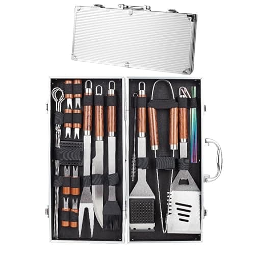 Image of ME JO 24 Pcs BBQ Accessories Tools Set with Case – Heavy-Duty Stainless Steel Professional Grill Cutlery Set with Heat-Resistant Handles | Outdoor BBQ Utensil set | Grilling Kit Gifts for Men Dad