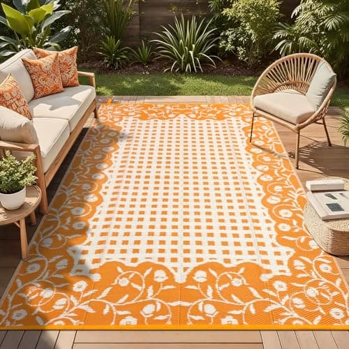Image of TUKDAK Orange Outdoor Rugs for Patios Waterproof 150x245cm, Reversible Large Garden Rug, Summer Foldable Outside Rug, Recycled Plastic UV Resistant Camping Carpet for Balcony RV Picnic Backyard Deck