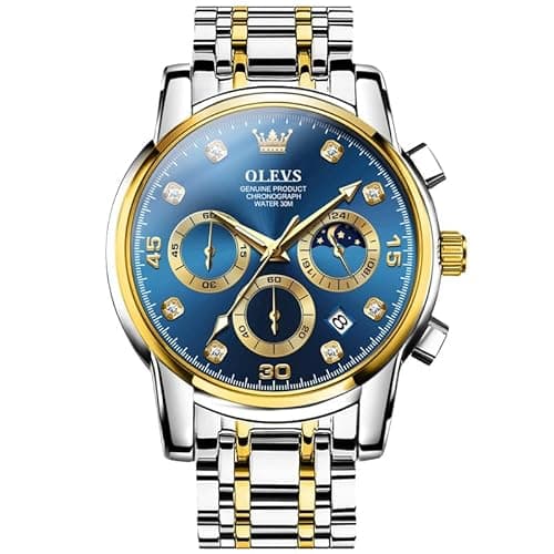 Image of OLEVS Men's Watch Big Face Blue Dial Moon Phase Chronograph Watches for Men Two Tone Stainless Steel Analog Quartz Watch Men Business Waterproof Luminous with Date Diamond Mens Watches