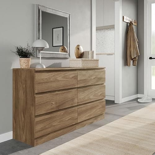 Image of URBNLIVING Modern Oak Wooden Chest with 6 Drawers for Bedroom or Office Storage Versatile Bedside Table and Stylish Cabinet for Organizing Clothes Accessories Work Place Supplies and Personal Items