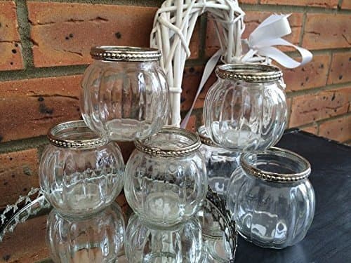 Image of Glass Tea Light Votive Candle Holders Wedding Table Decorations Centrepiece Settings Vintage Silver Metal Clear Tealight Holder Set Of 6