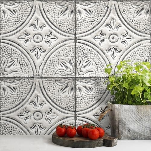 Image of ReWallpaper Grey White Tin Tile Effect Wallpaper Vintage 44.5CMx7M Carved Panel Wallpaper Peel and Stick for Backsplash Ceiling Bedroom Grey Wall Paper Removable Sticky Back Plastic Roll Vinyl