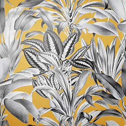 Image of Greenhouse Plants Wallpaper Tropical Jungle Grey Ochre Yellow