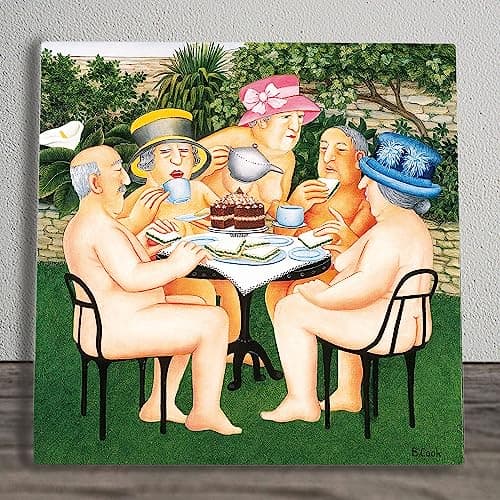 Image of Global Designs Tea In The Garden Ceramic Tile Picture Plaque Sign Nudist Wall Art By Beryl Cook UV Printed Artwork 20x20cm