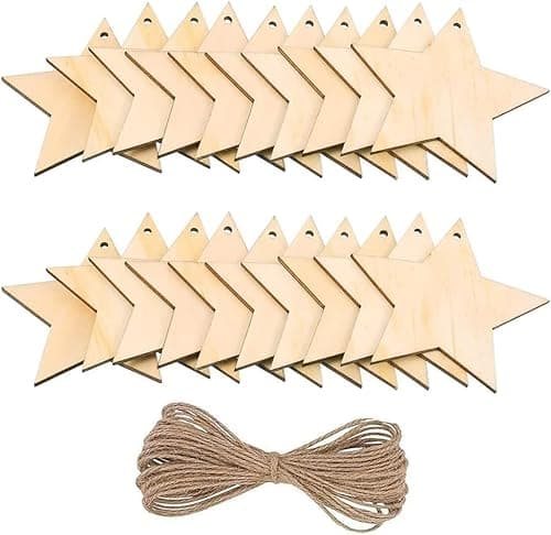 Image of 20 Pieces Natural Wooden Star Shapes, Shape Wooden Star Embellishment,Wood Stars Embellishments, for House Garden Home DIY Art Craft Christmas Tree Party Decoration