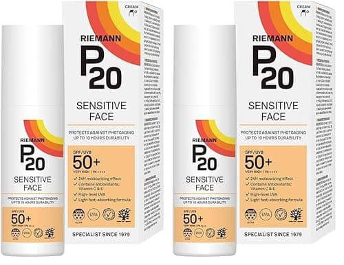 Image of RIEMANN P20 Sensitive FACE SPF50+ UV Protection Cream, 50 Grams | Non Greasy Highly Effective Protects Face from UV Radiation |Sun Protection Factor 50+ | Wear under Make Up (Pack of 2)