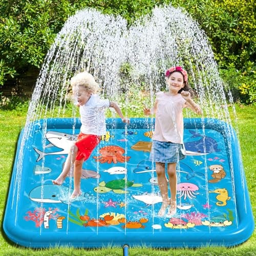 Image of Chennyfun Kids Splash Pad, 68'' Sprinkler & Splash Play Mat for Animals Learning, Summer Garden Outdoor Pool Beach Play Sprinklers Spray Mat Splash Water Toys for Toddlers Children Boys Girls
