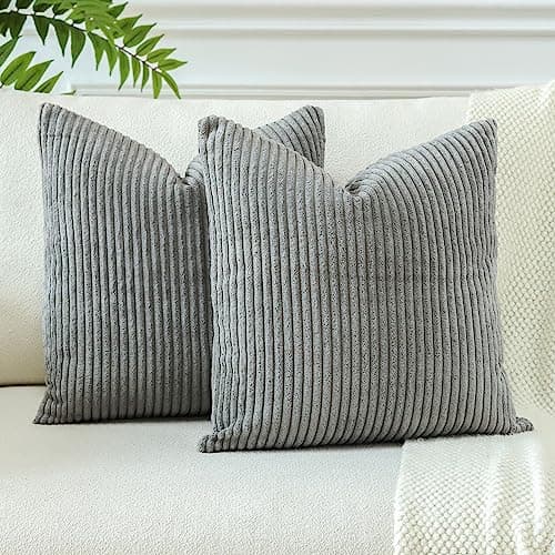 Image of JOTOM Corduroy Soft Striped Boho Decorative Throw Pillow Covers 22x22 Inch Cushion Covers 55x55 cm Square Pillowcase for Couch Sofa Living Room Bed Home Decor Cushion Case Set of 2 (Grey)
